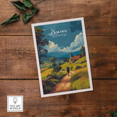 Camino de Santiago European Pilgrim's Trail Print | Hiking Route Wall Decor showcasing a scenic landscape and hikers.
