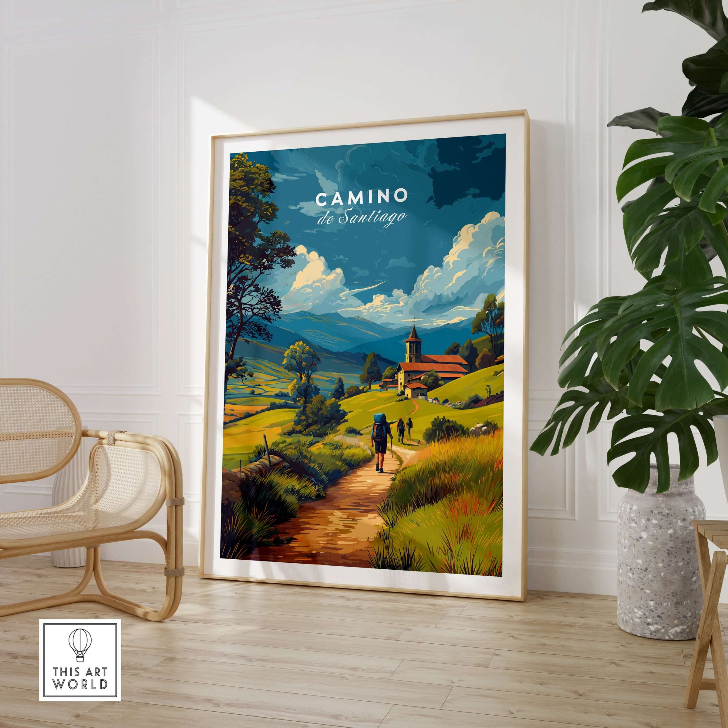 Camino de Santiago European Pilgrim's Trail Print | Hiking Route Wall Decor featuring vibrant landscape design.