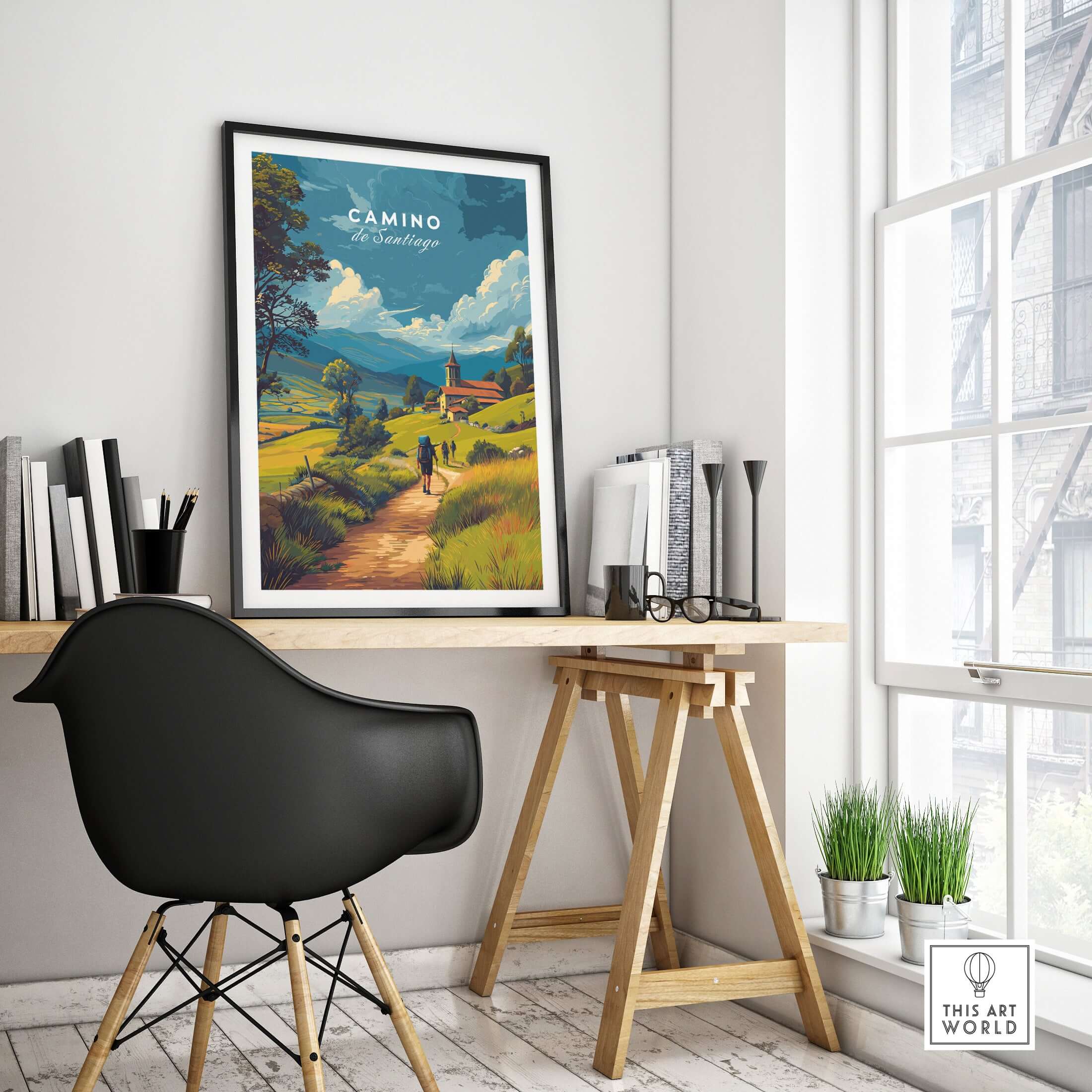 Camino de Santiago European Pilgrim's Trail Print | Hiking Route Wall Decor showcased in a modern office setting.