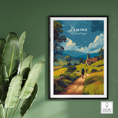 Camino de Santiago European Pilgrim's Trail Print | Hiking Route Wall Decor showcasing a scenic landscape with hikers.