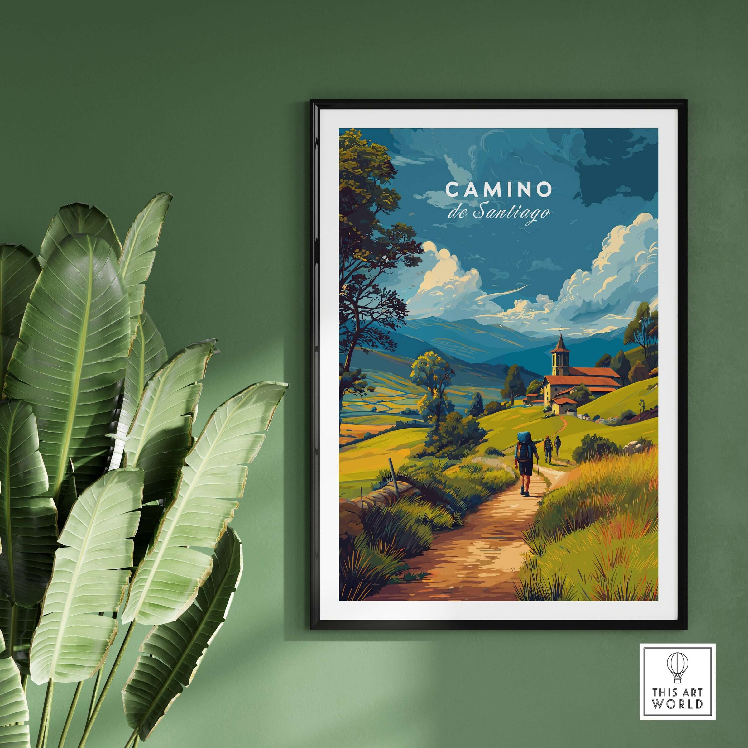 Camino de Santiago European Pilgrim's Trail Print | Hiking Route Wall Decor showcasing a scenic landscape with hikers.