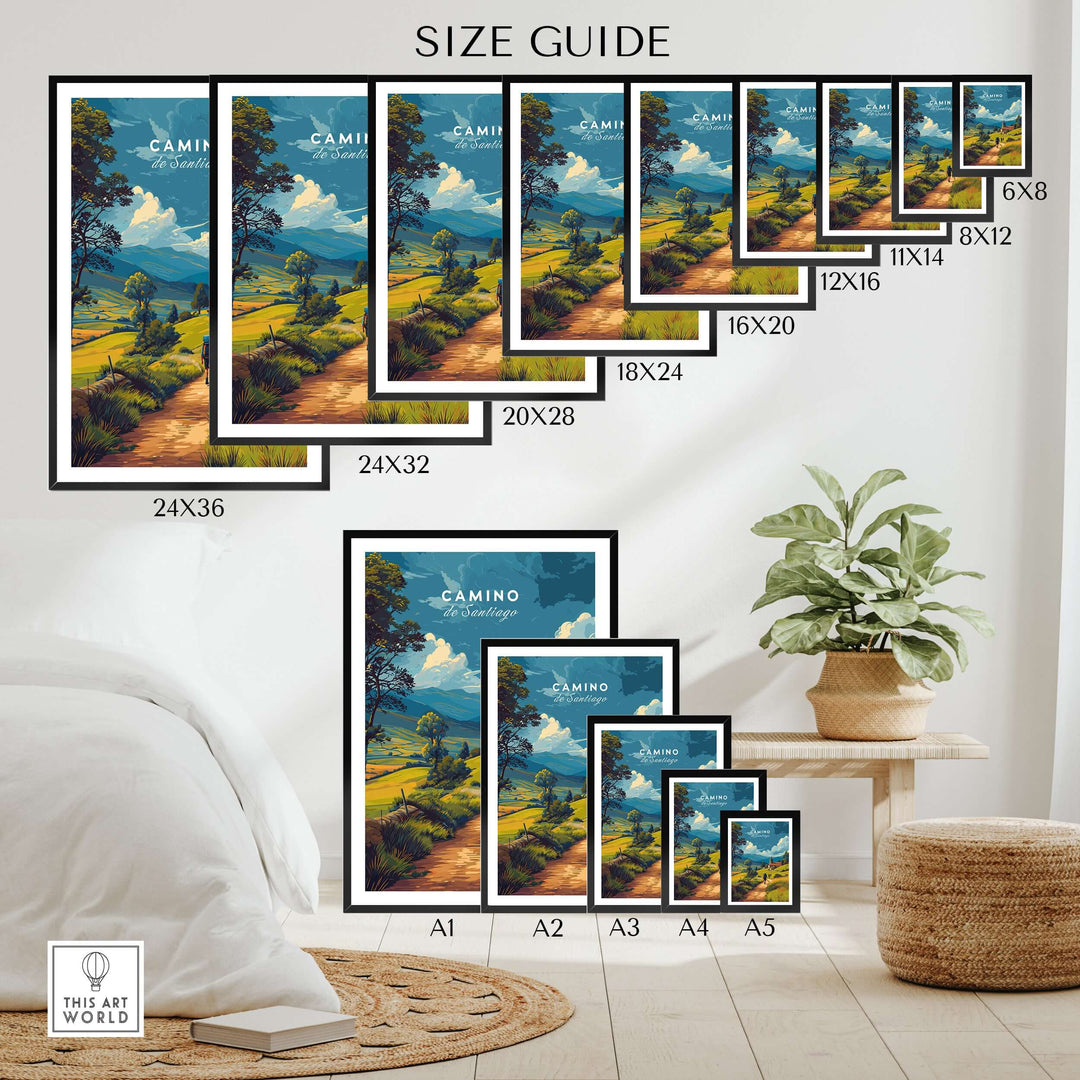 Camino de Santiago European Pilgrim's Trail Print | Hiking Route Wall Decor size guide with multiple framed prints display.