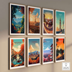 Camino de Santiago Lush Forest Landscape Print | Pilgrim Trail Wall Decor featuring vibrant travel art prints from various cities.