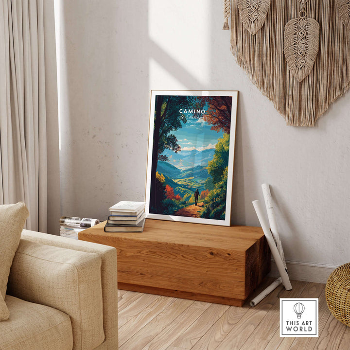 Camino de Santiago Lush Forest Landscape Print | Pilgrim Trail Wall Decor displayed in a cozy living room setting.