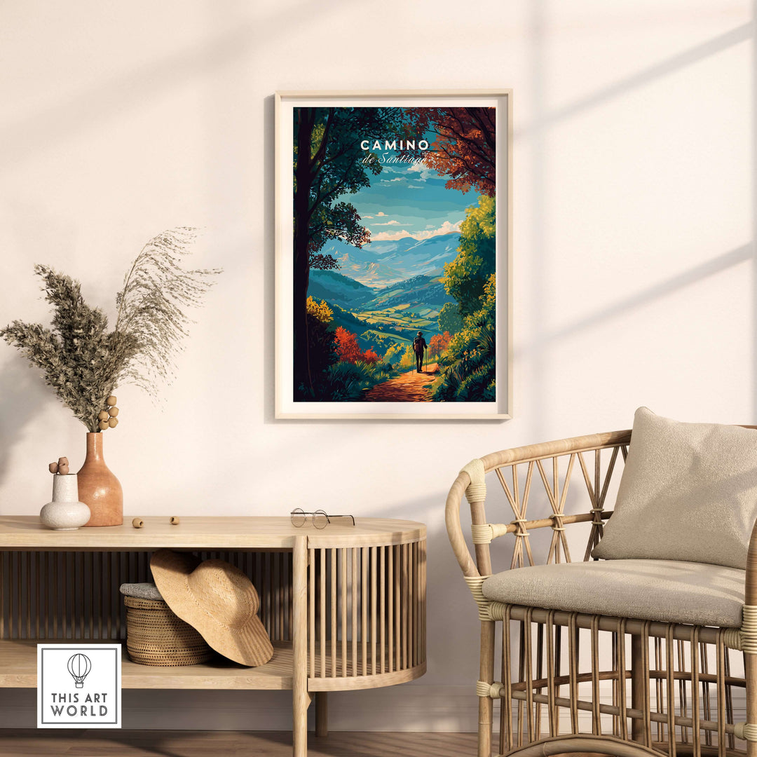 Camino de Santiago Lush Forest Landscape Print | Pilgrim Trail Wall Decor in a stylish home setting.