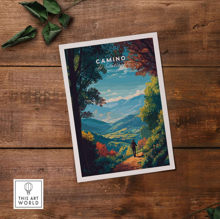 Camino de Santiago Lush Forest Landscape Print | Pilgrim Trail Wall Decor showcasing vibrant nature and serene hiking trails.