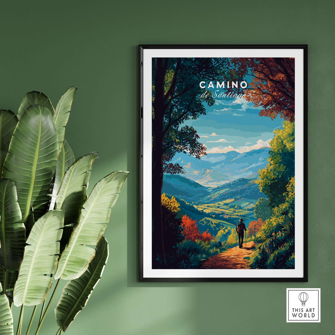 Camino de Santiago Lush Forest Landscape Print | Pilgrim Trail Wall Decor showcasing vibrant nature and a hiker on the trail.