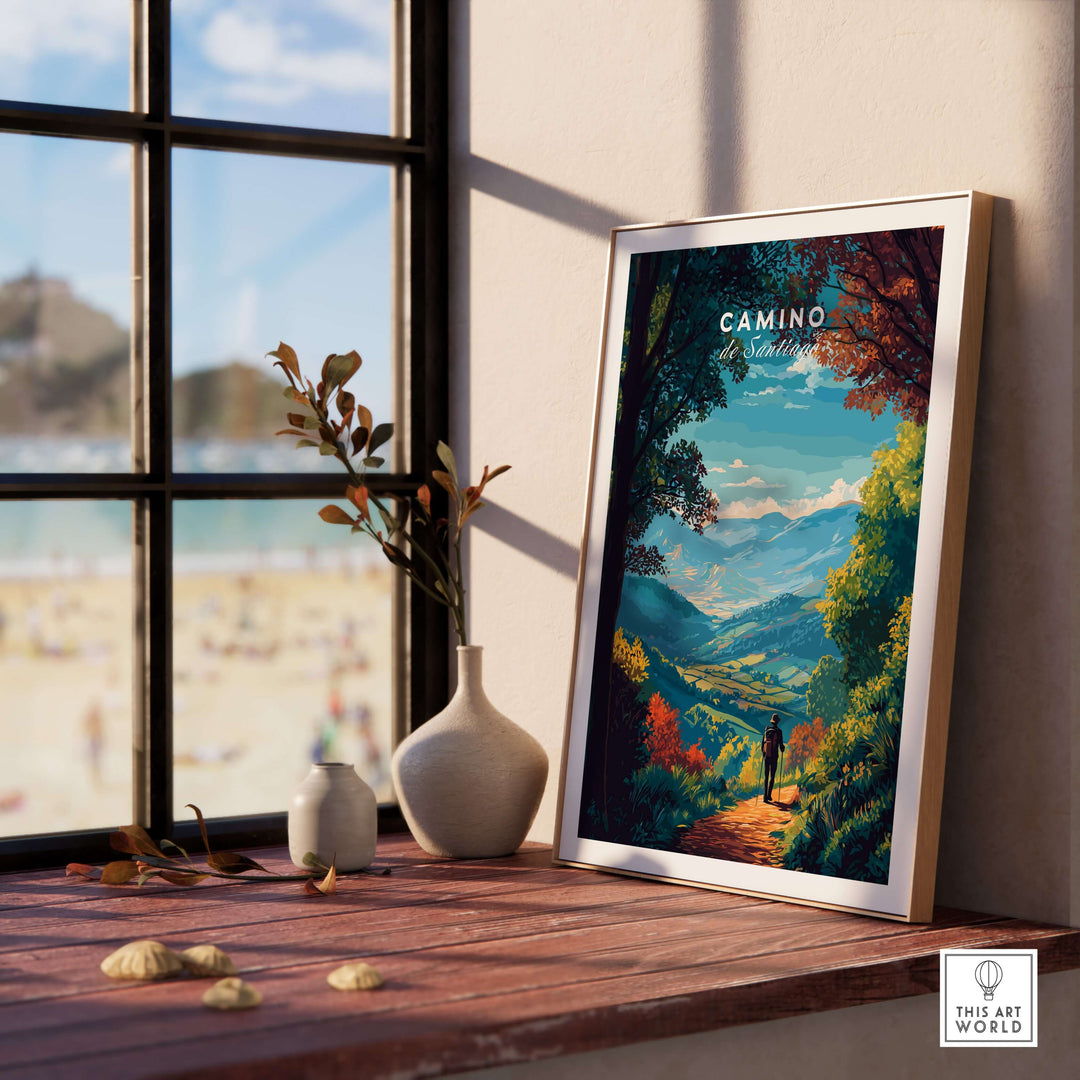 Camino de Santiago Lush Forest Landscape Print | Pilgrim Trail Wall Decor showcasing a scenic view by a window.