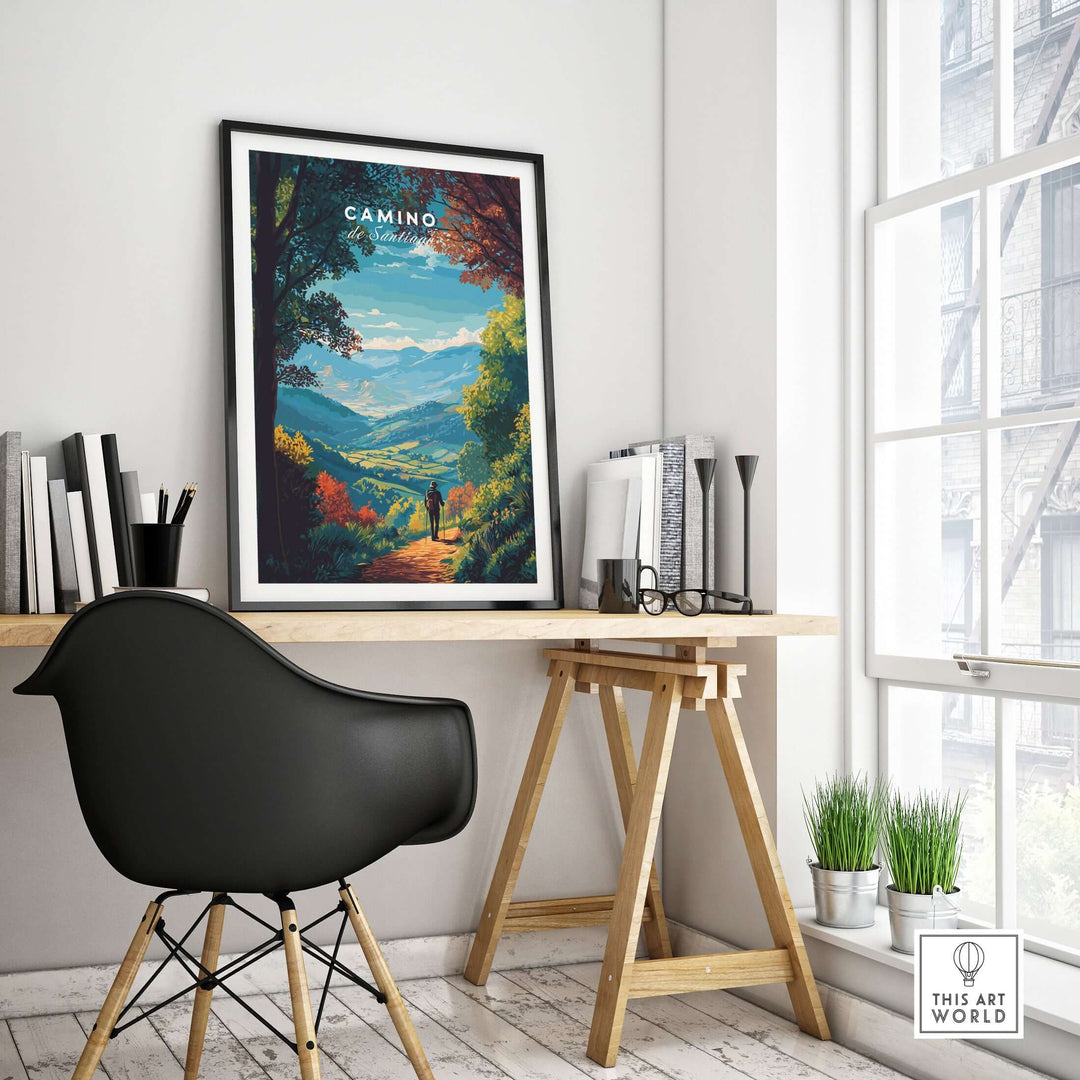 Camino de Santiago Lush Forest Landscape Print | Pilgrim Trail Wall Decor showcased in modern room with desk and chair.
