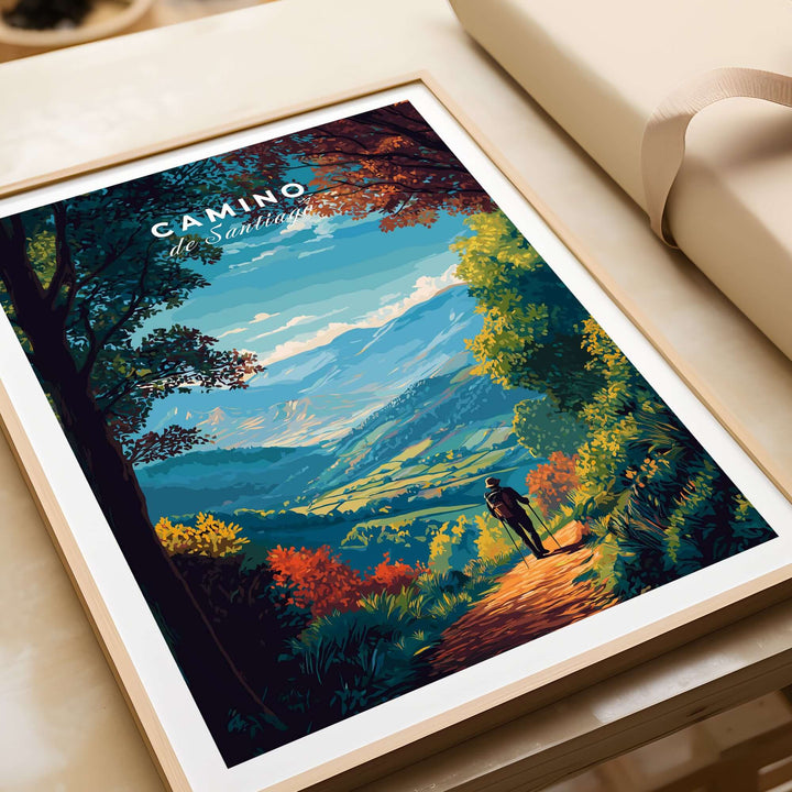 Camino de Santiago Lush Forest Landscape Print | Pilgrim Trail Wall Decor featuring a vibrant nature scene with a hiker.