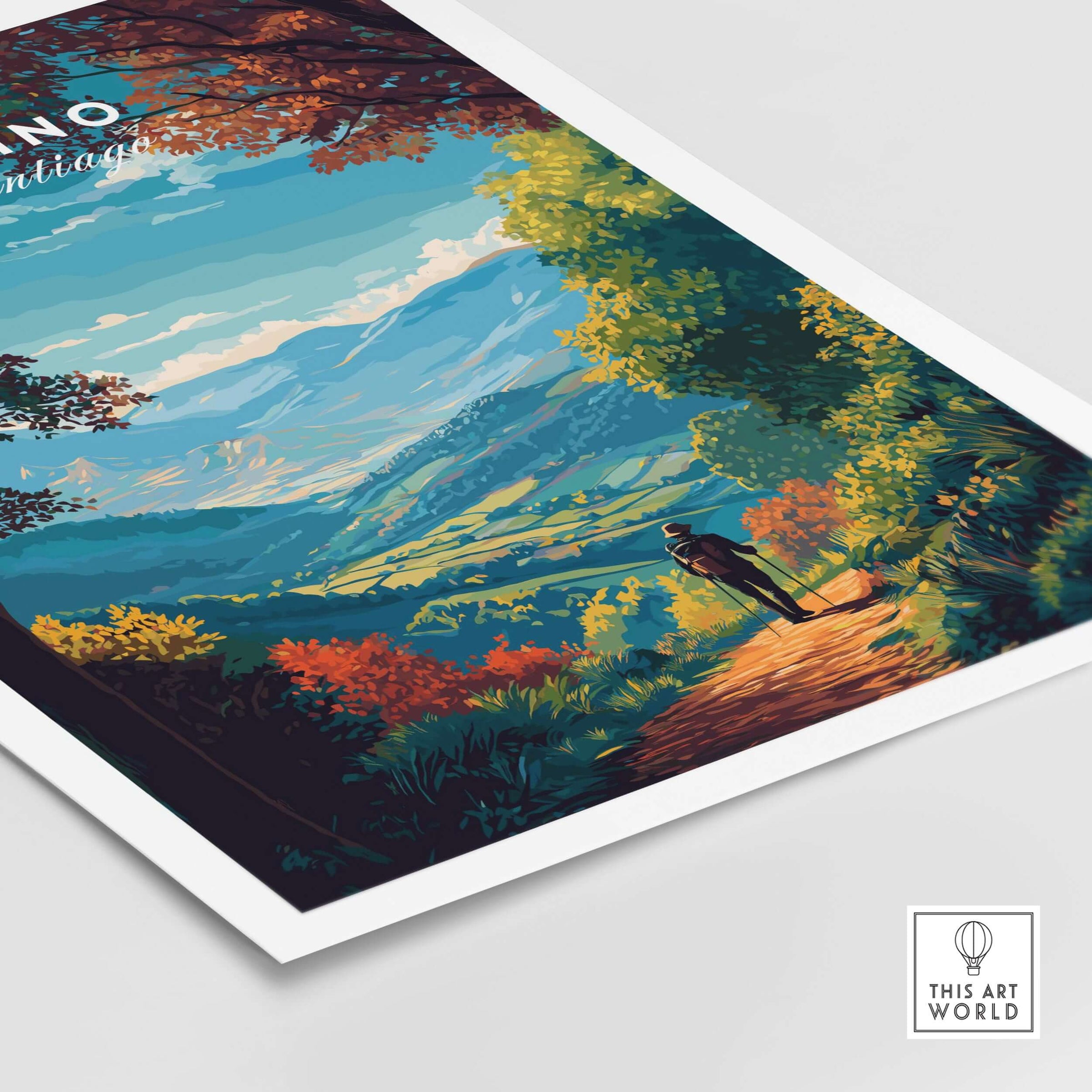 Camino de Santiago Lush Forest Landscape Print | Pilgrim Trail Wall Decor showcasing mountains and vibrant scenery.