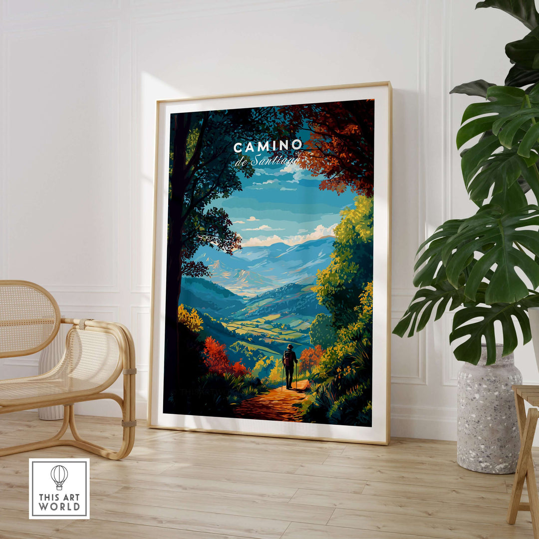 Camino de Santiago Lush Forest Landscape Print | Pilgrim Trail Wall Decor in a cozy living room setting.