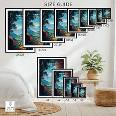 Camino de Santiago Lush Forest Landscape Print | Pilgrim Trail Wall Decor size guide featuring various frame sizes.