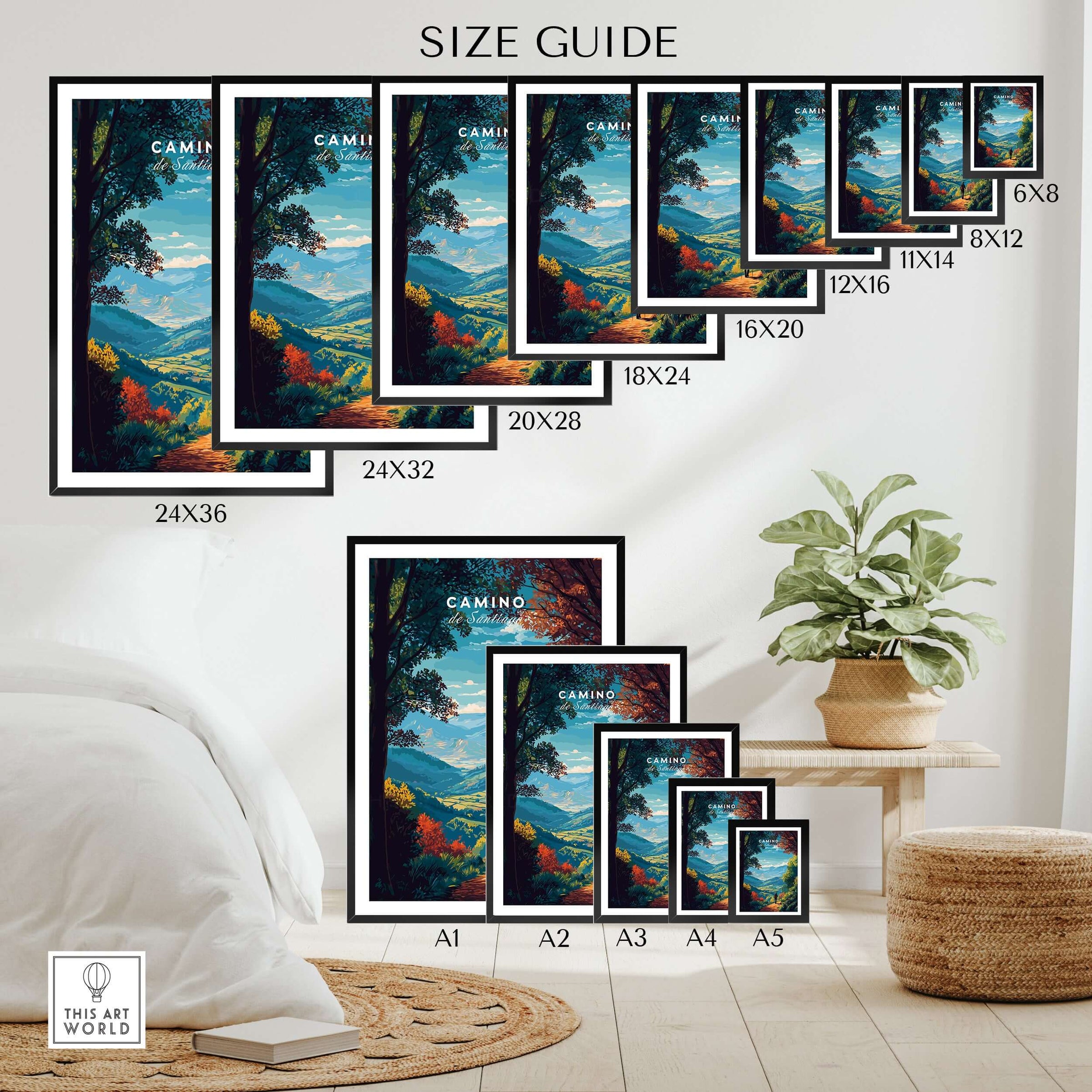 Camino de Santiago Lush Forest Landscape Print | Pilgrim Trail Wall Decor size guide featuring various frame sizes.
