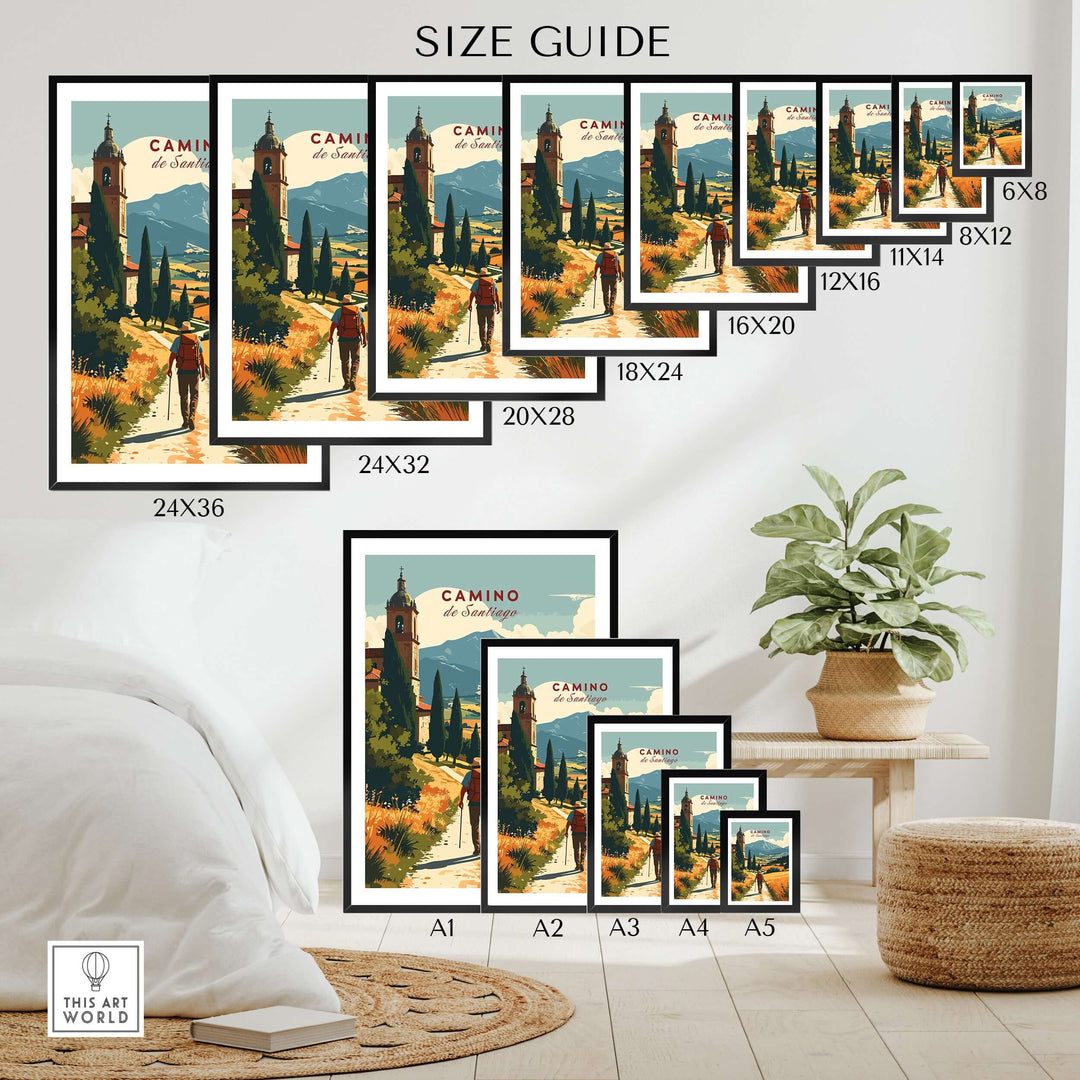 Camino de Santiago Mountain Chapel View Print | Rustic Travel Wall Art size guide on various framed print dimensions.