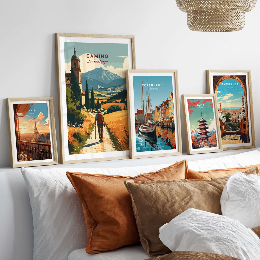 Camino de Santiago Mountain Chapel View Print | Rustic Travel Wall Art displayed in a cozy home setting with other travel prints.