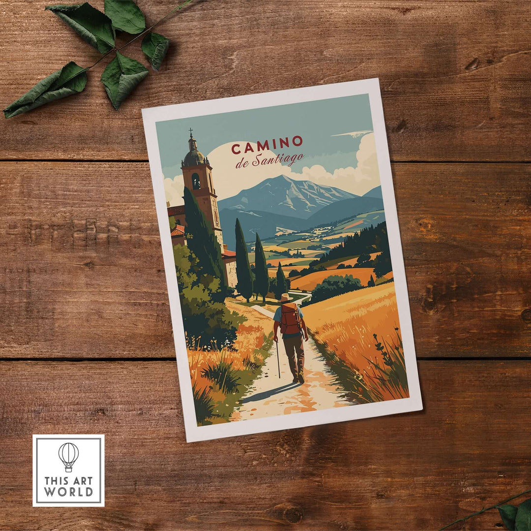 Camino de Santiago Mountain Chapel View Print | Rustic Travel Wall Art showing a hiker in a scenic landscape.