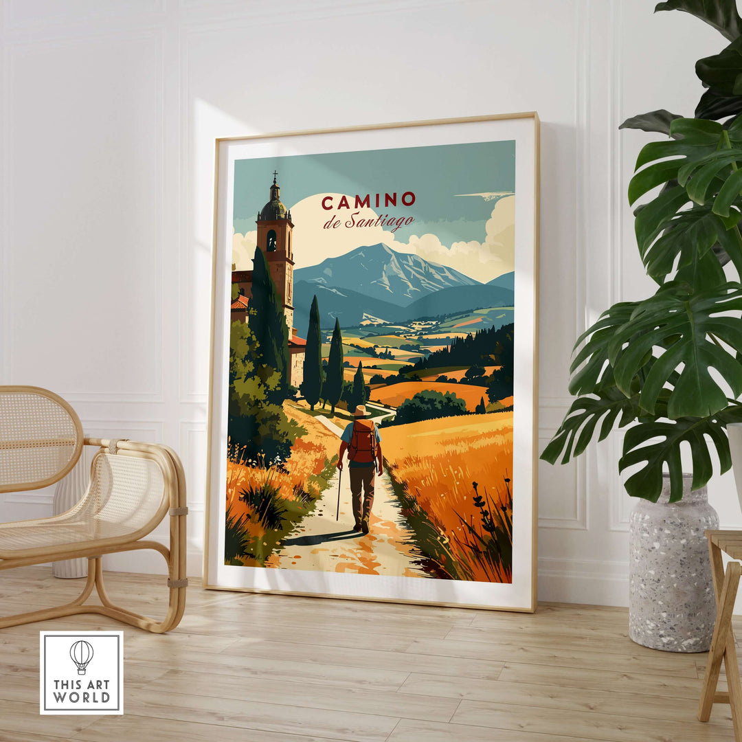 Camino de Santiago Mountain Chapel View Print | Rustic Travel Wall Art featuring a traveler in a scenic landscape.