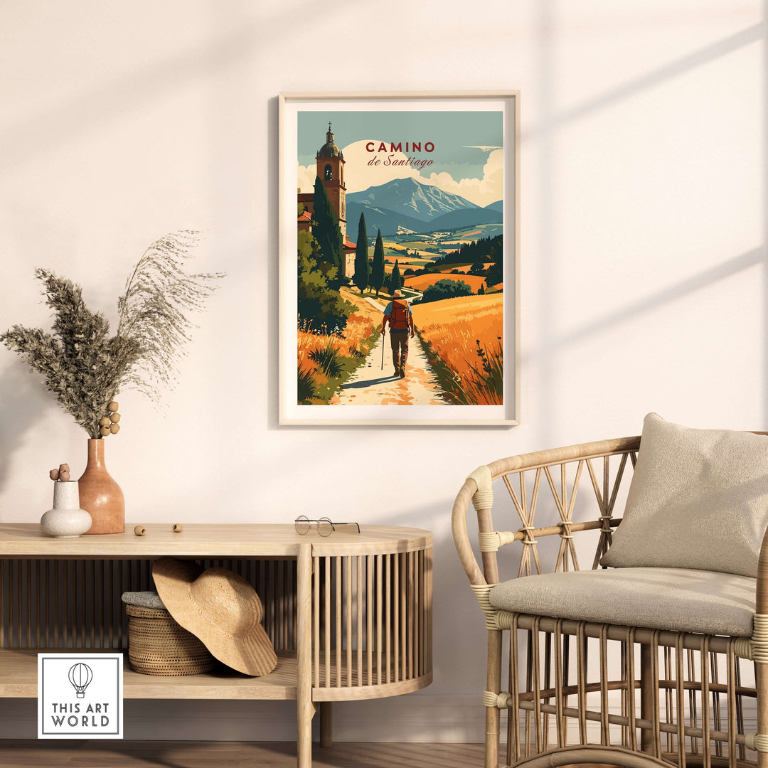 Camino de Santiago Mountain Chapel View Print | Rustic Travel Wall Art displayed in a cozy interior setting.
