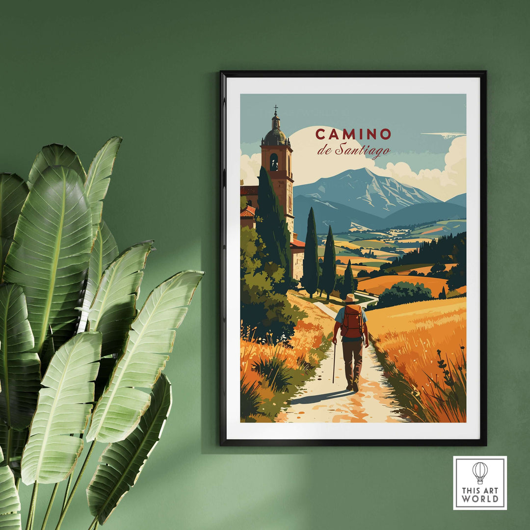 Camino de Santiago Mountain Chapel View Print | Rustic Travel Wall Art featuring a scenic path and mountains.