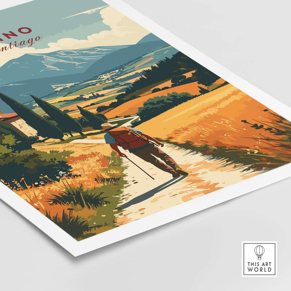Camino de Santiago Mountain Chapel View Print | Rustic Travel Wall Art depicting a traveler on a scenic mountain path.