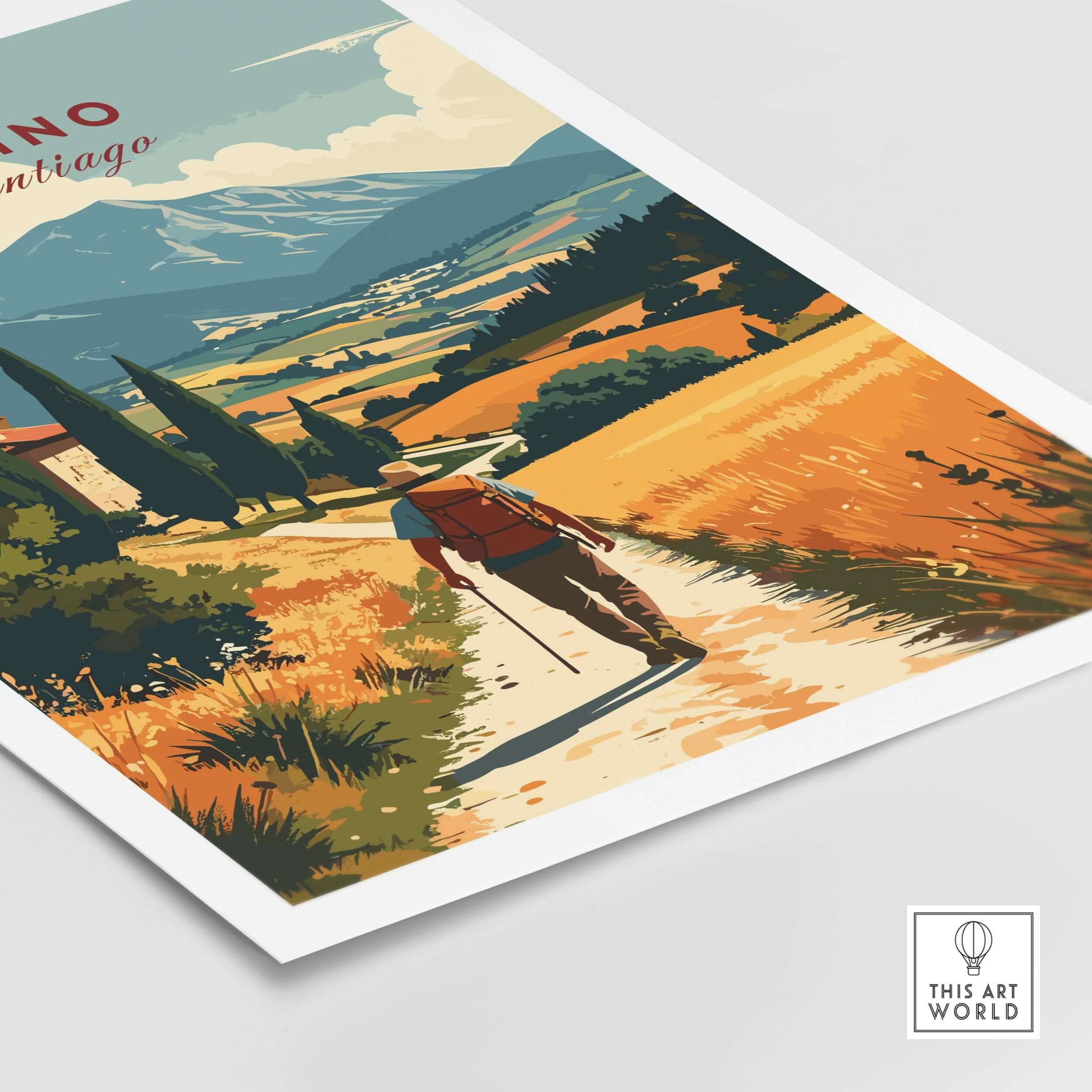 Camino de Santiago Mountain Chapel View Print | Rustic Travel Wall Art depicting a hiker on a scenic path through vibrant landscapes.