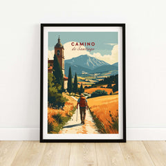 Camino de Santiago Mountain Chapel View Print | Rustic Travel Wall Art in a framed print on wooden floor.