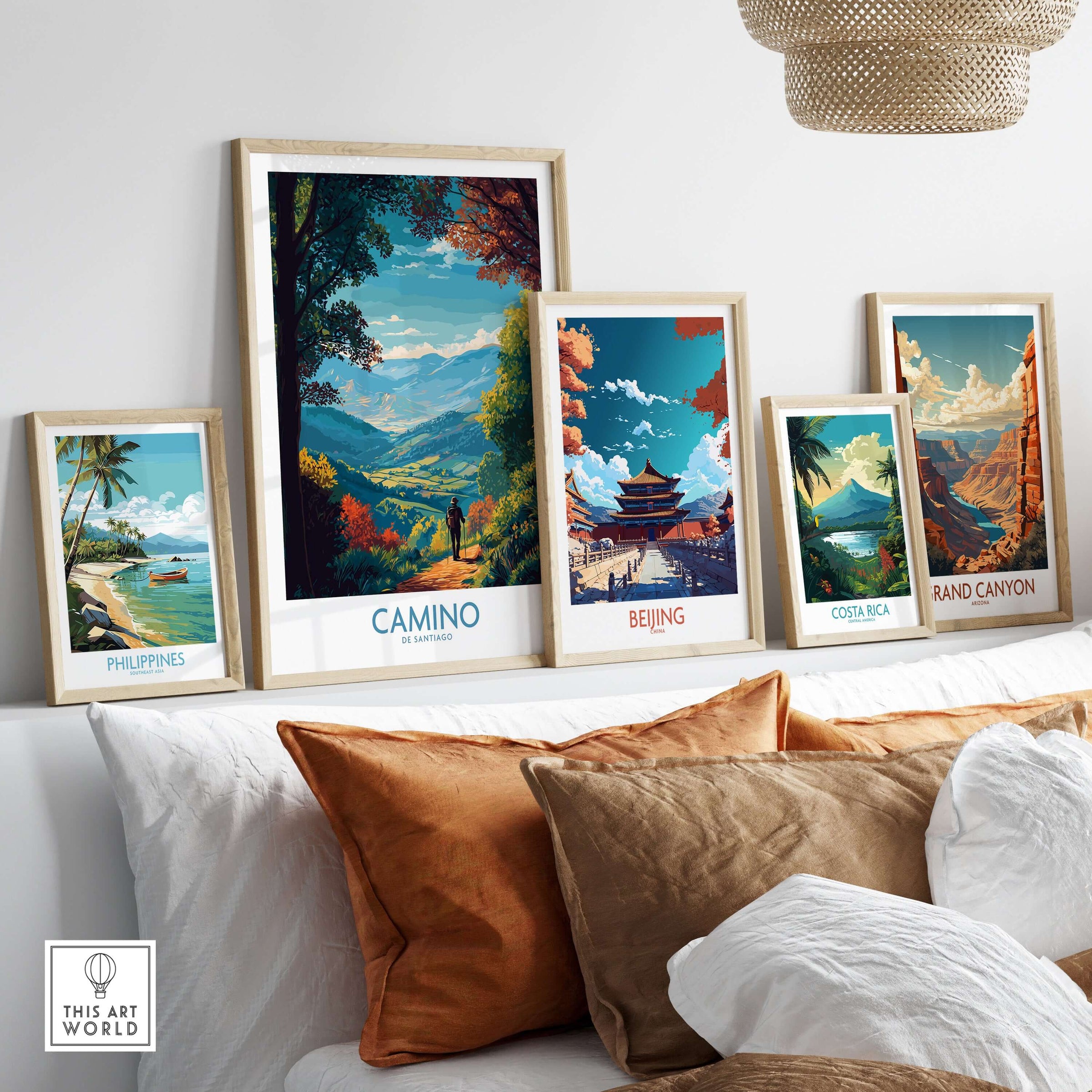 Camino de Santiago Mountain Valley Art Print | Scenic Hiking Poster displayed on a stylish wall.