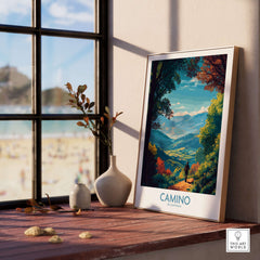 Camino de Santiago Mountain Valley Art Print | Scenic Hiking Poster displayed in a sunlit room by a window.