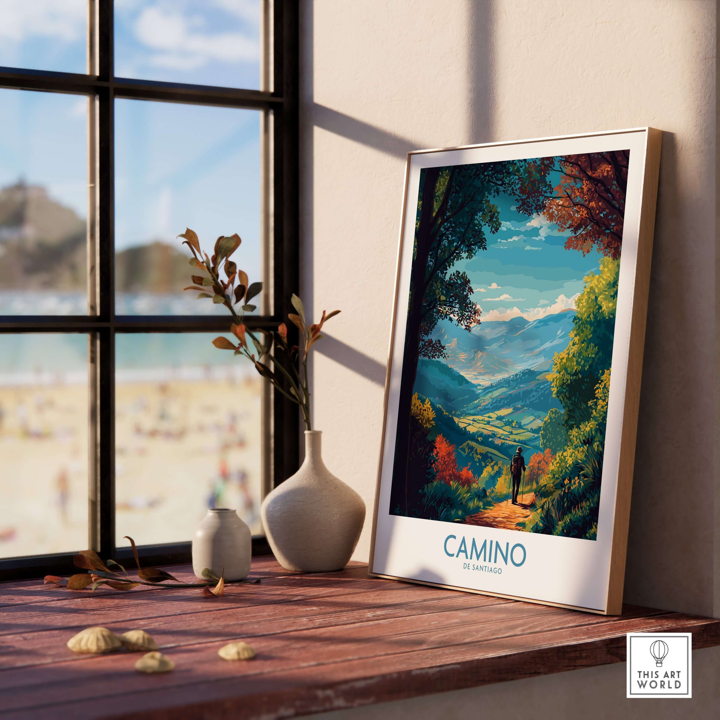 Camino de Santiago Mountain Valley Art Print | Scenic Hiking Poster displayed in a sunlit room by a window.