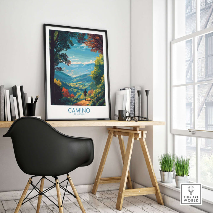 Camino de Santiago Mountain Valley Art Print | Scenic Hiking Poster displayed in a modern workspace setting.