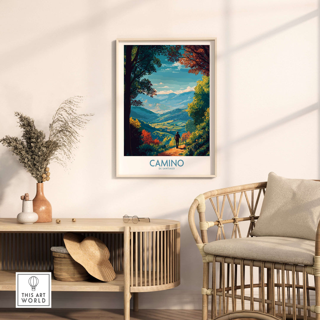 Camino de Santiago Mountain Valley Art Print | Scenic Hiking Poster displayed in a stylish interior setting.