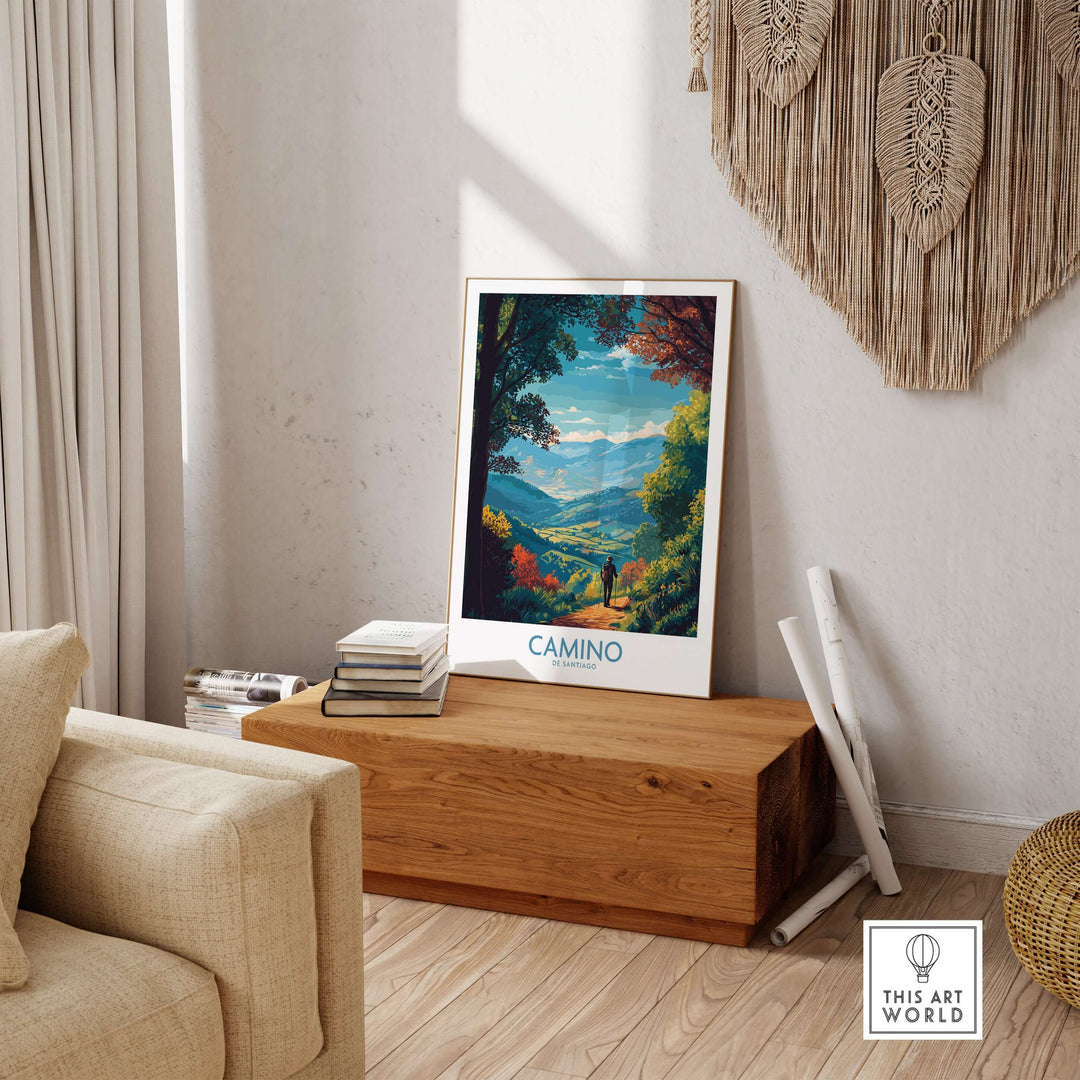 Camino de Santiago Mountain Valley Art Print | Scenic Hiking Poster displayed in a cozy living room setting.