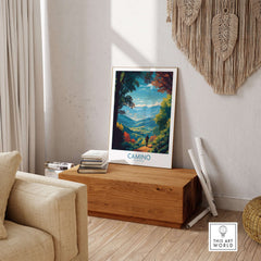 Camino de Santiago Mountain Valley Art Print | Scenic Hiking Poster displayed in a cozy interior setting.