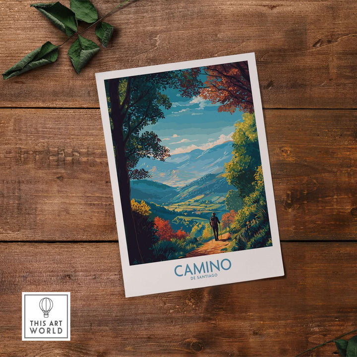Camino de Santiago Mountain Valley Art Print | Scenic Hiking Poster displayed on wooden background with vibrant landscape.
