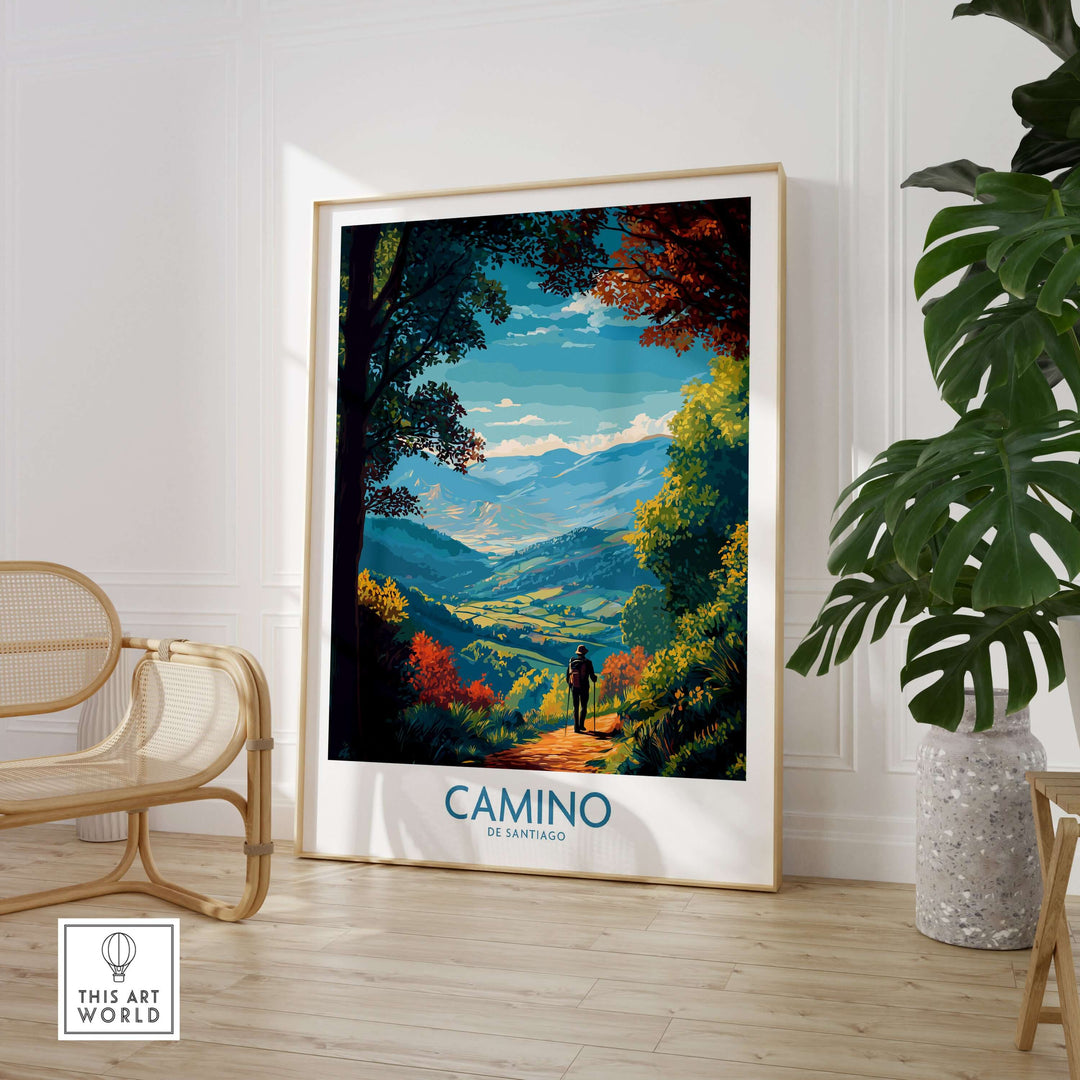 Camino de Santiago Mountain Valley Art Print | Scenic Hiking Poster displayed in a modern room setting with lush landscape.