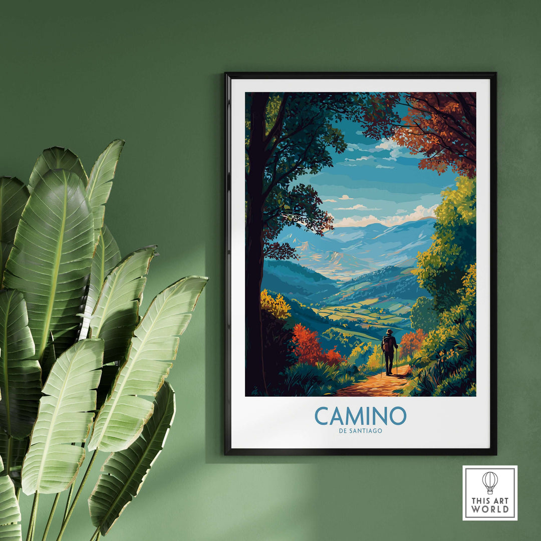 Camino de Santiago Mountain Valley Art Print | Scenic Hiking Poster framed on a wall with greenery around.