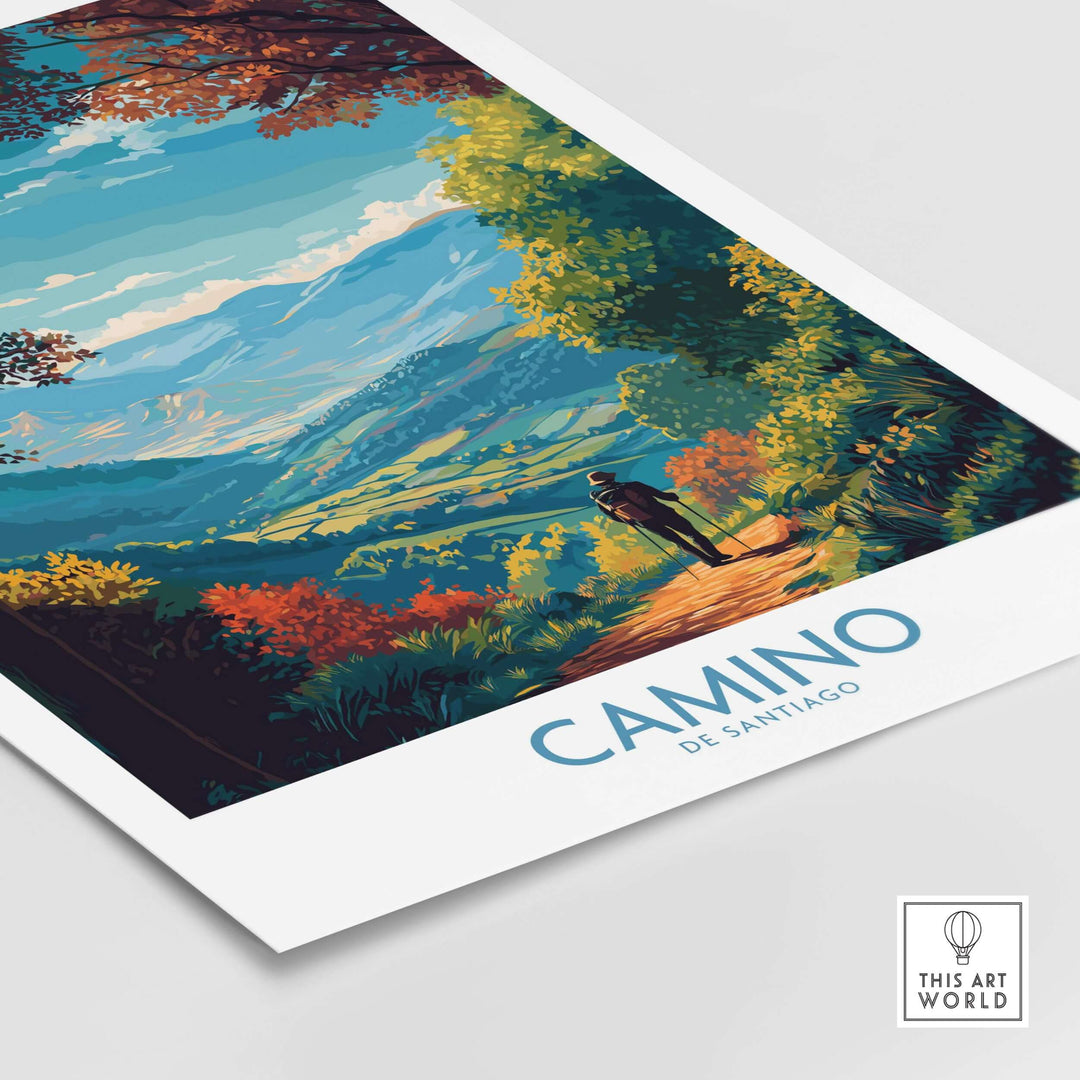 Camino de Santiago Mountain Valley Art Print | Scenic Hiking Poster featuring lush landscapes and a hiker amidst majestic peaks.