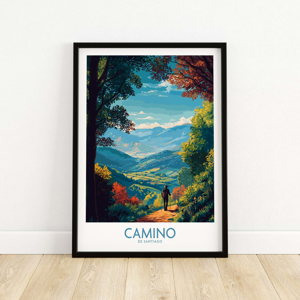 Camino de Santiago Mountain Valley Art Print | Scenic Hiking Poster featuring a hiker in a vibrant landscape.