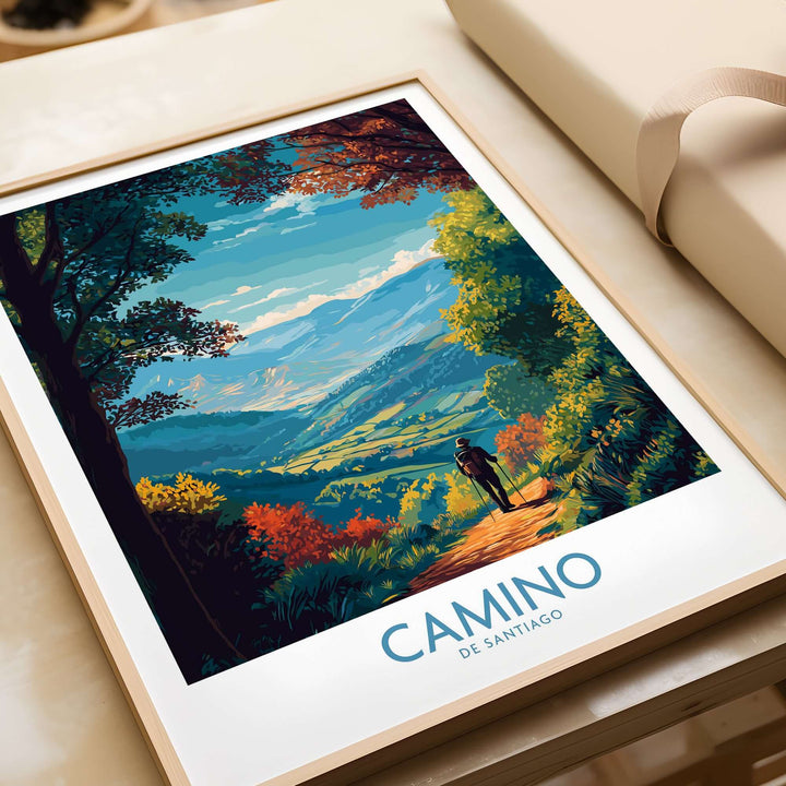 Camino de Santiago Mountain Valley Art Print | Scenic Hiking Poster featuring a hiker in a lush valley with mountains.