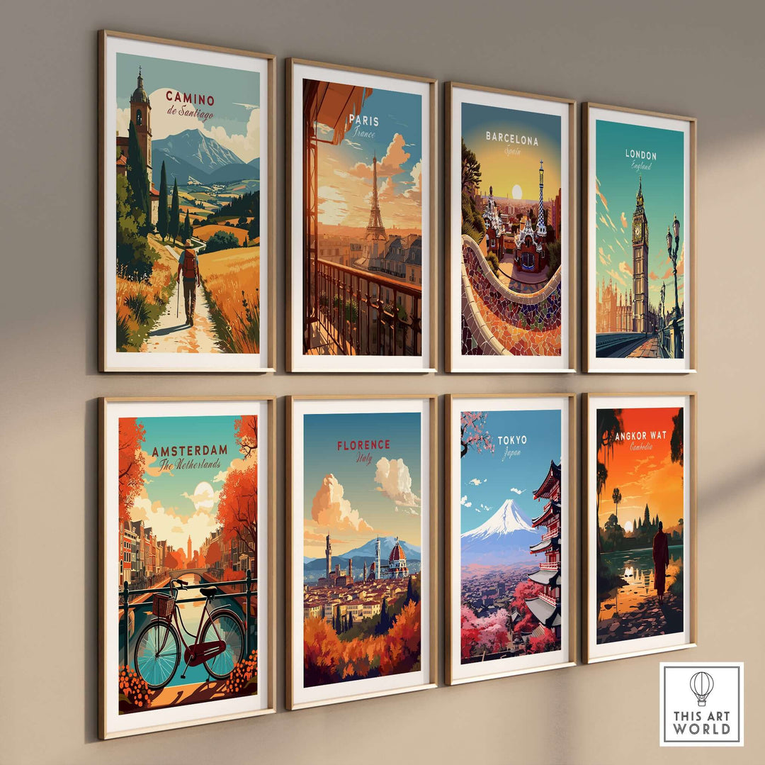 Camino de Santiago Mountain Chapel View Print | Rustic Travel Wall Art collection of framed travel posters on a wall