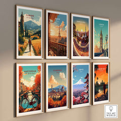 Camino de Santiago Mountain Chapel View Print | Rustic Travel Wall Art showcased among other travel prints on a wall.