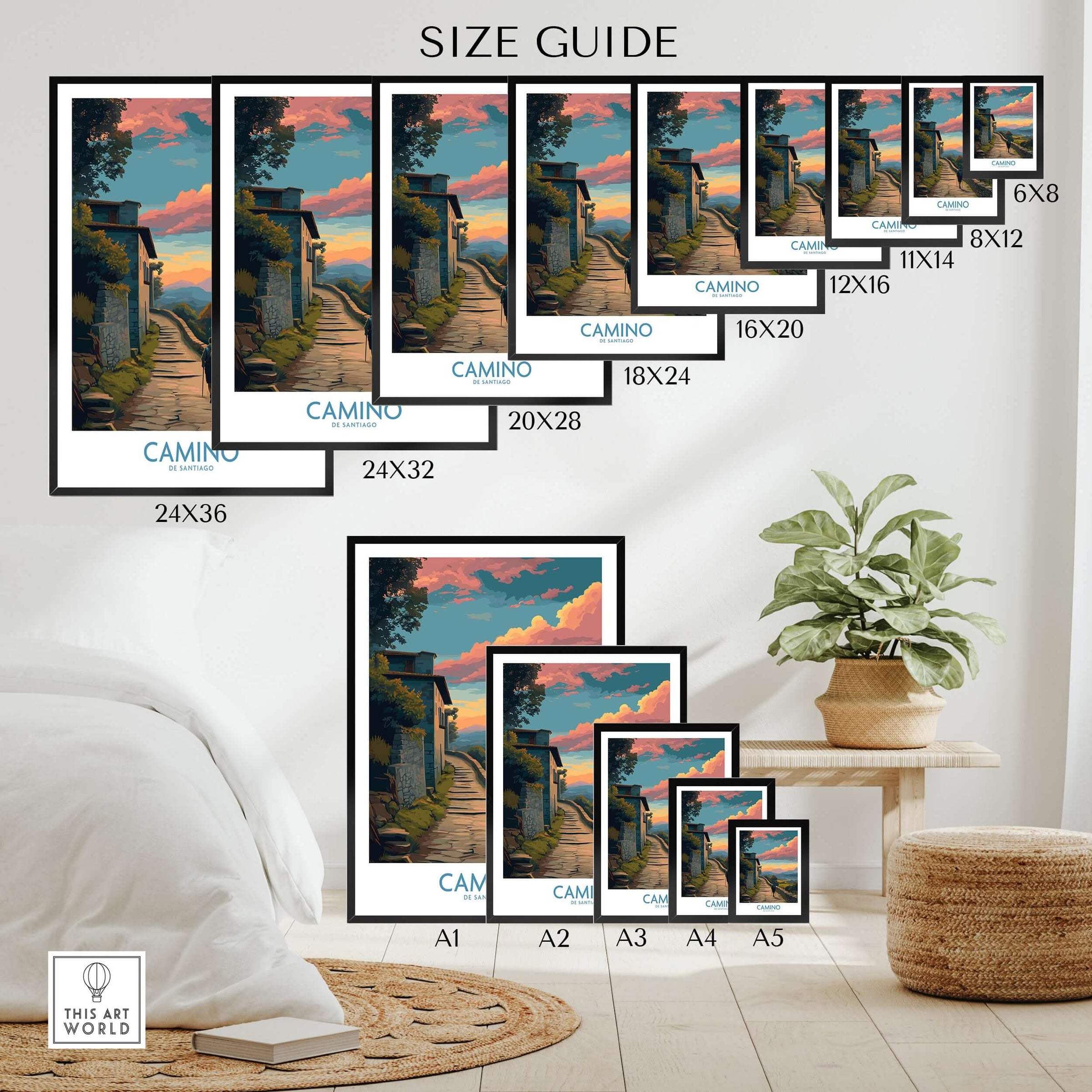 Camino de Santiago Pilgrim's Trail Art Print | Spiritual Travel Poster Size Guide showcasing various print sizes.