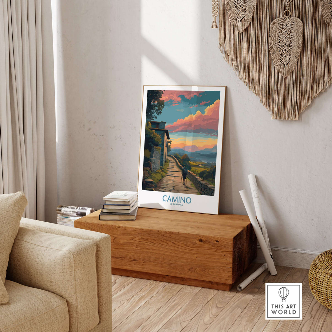 Camino de Santiago Pilgrim's Trail Art Print | Spiritual Travel Poster displayed in a cozy living room setting.