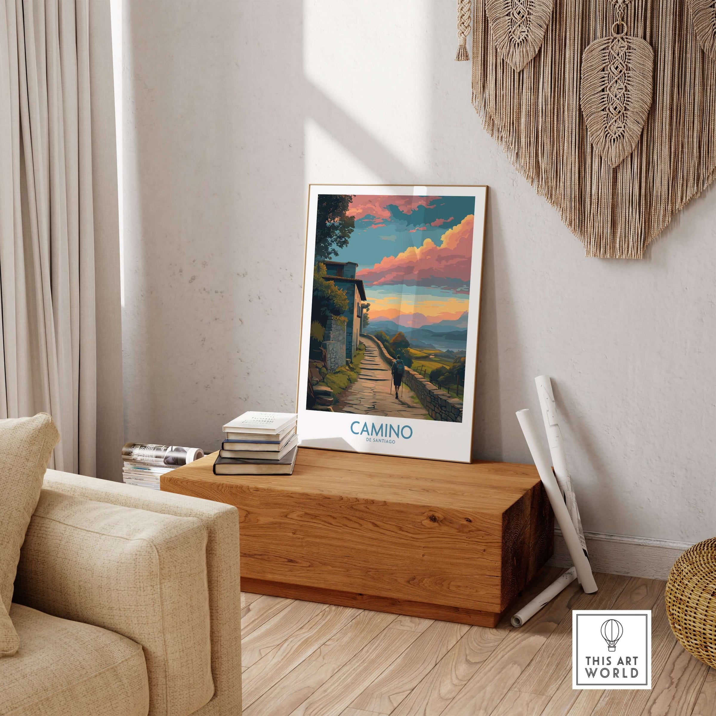 Camino de Santiago Pilgrim's Trail Art Print | Spiritual Travel Poster framed in a creative living room setting.