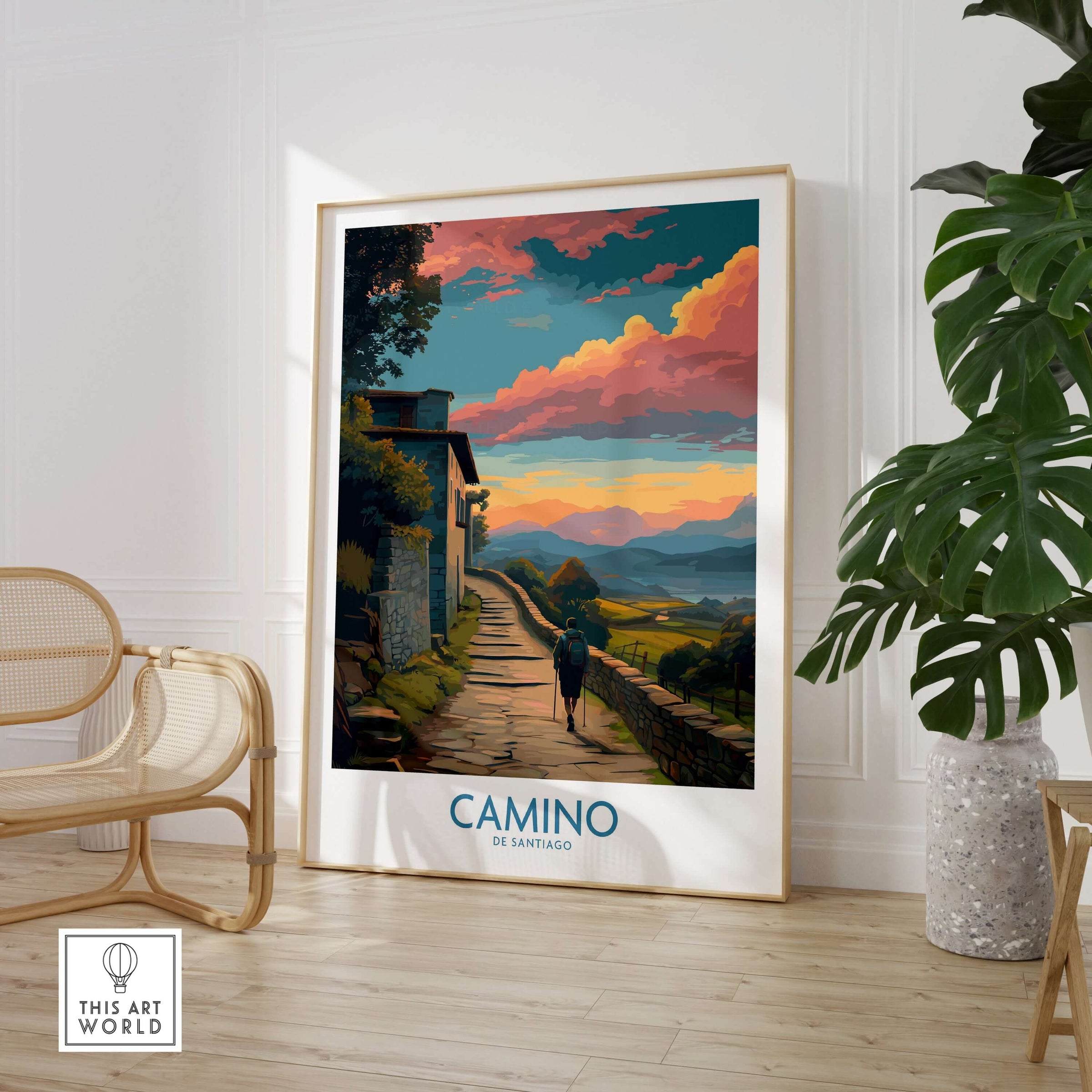 Camino de Santiago Pilgrim's Trail Art Print | Spiritual Travel Poster displayed in a modern interior setting.