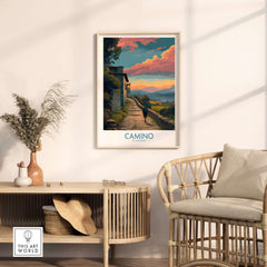 Camino de Santiago Pilgrim's Trail Art Print | Spiritual Travel Poster displayed in a cozy interior setting.