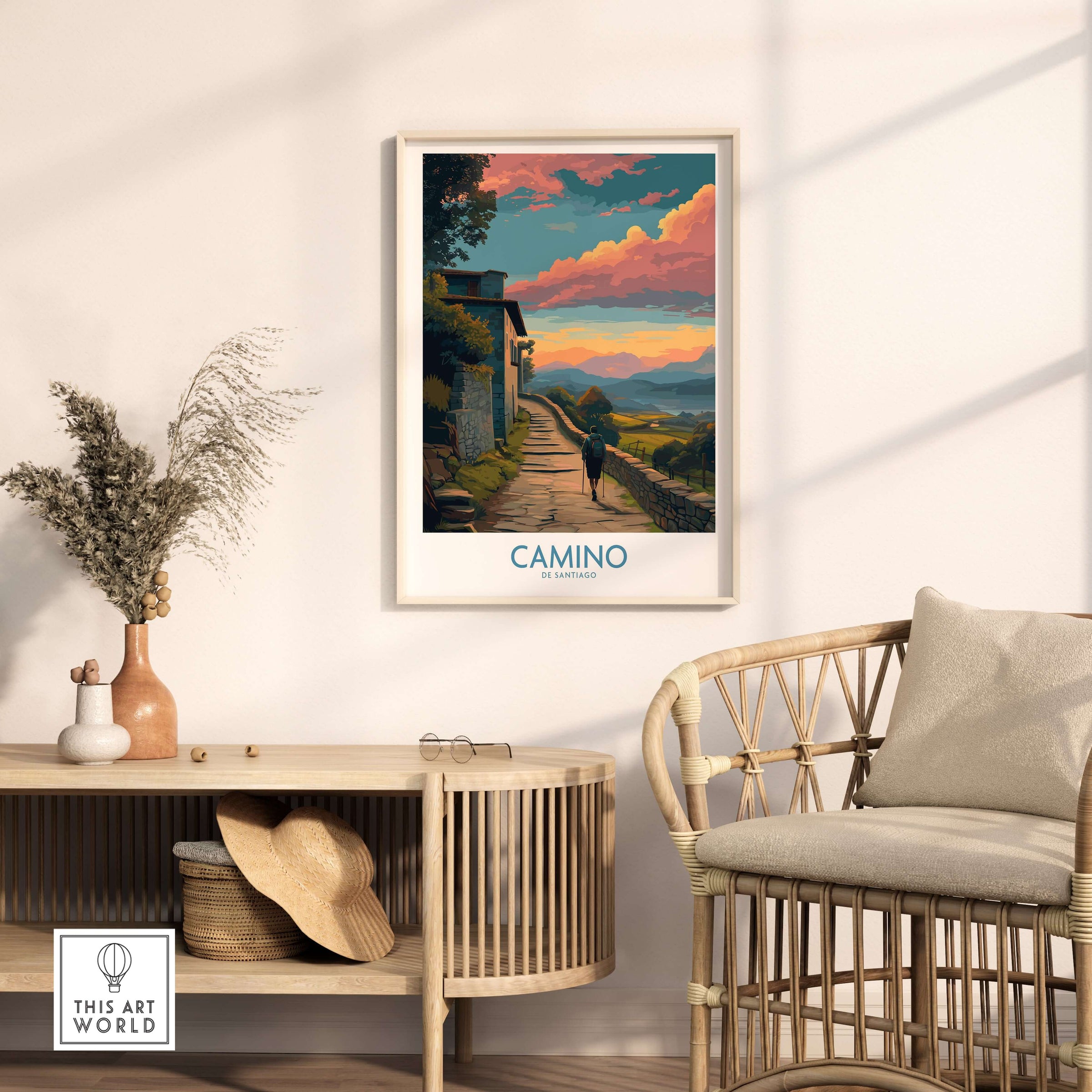 Camino de Santiago Pilgrim's Trail Art Print | Spiritual Travel Poster displayed in a cozy interior setting.