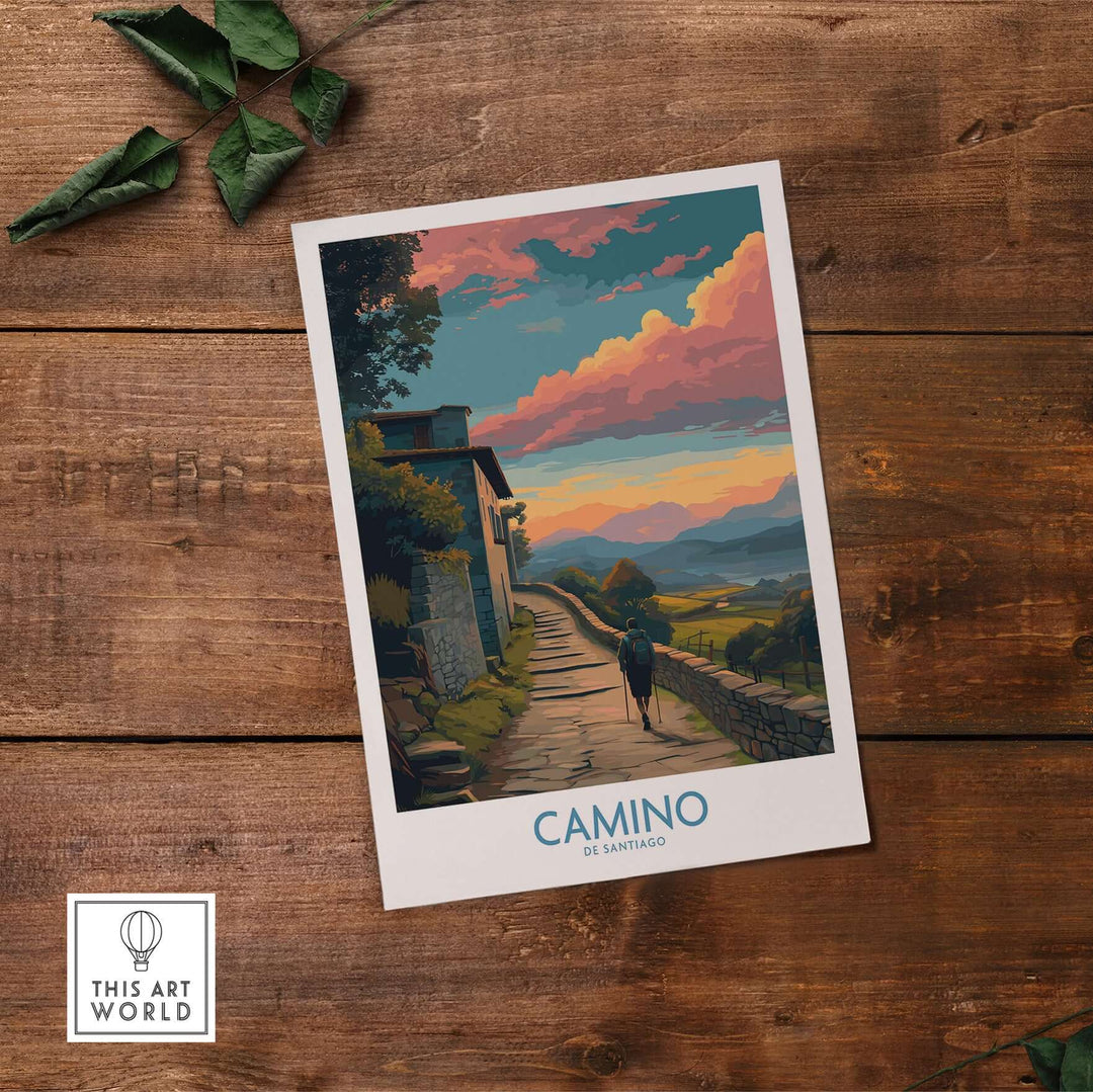 Camino de Santiago Pilgrim's Trail Art Print | Spiritual Travel Poster featuring a scenic pathway and vibrant sky.