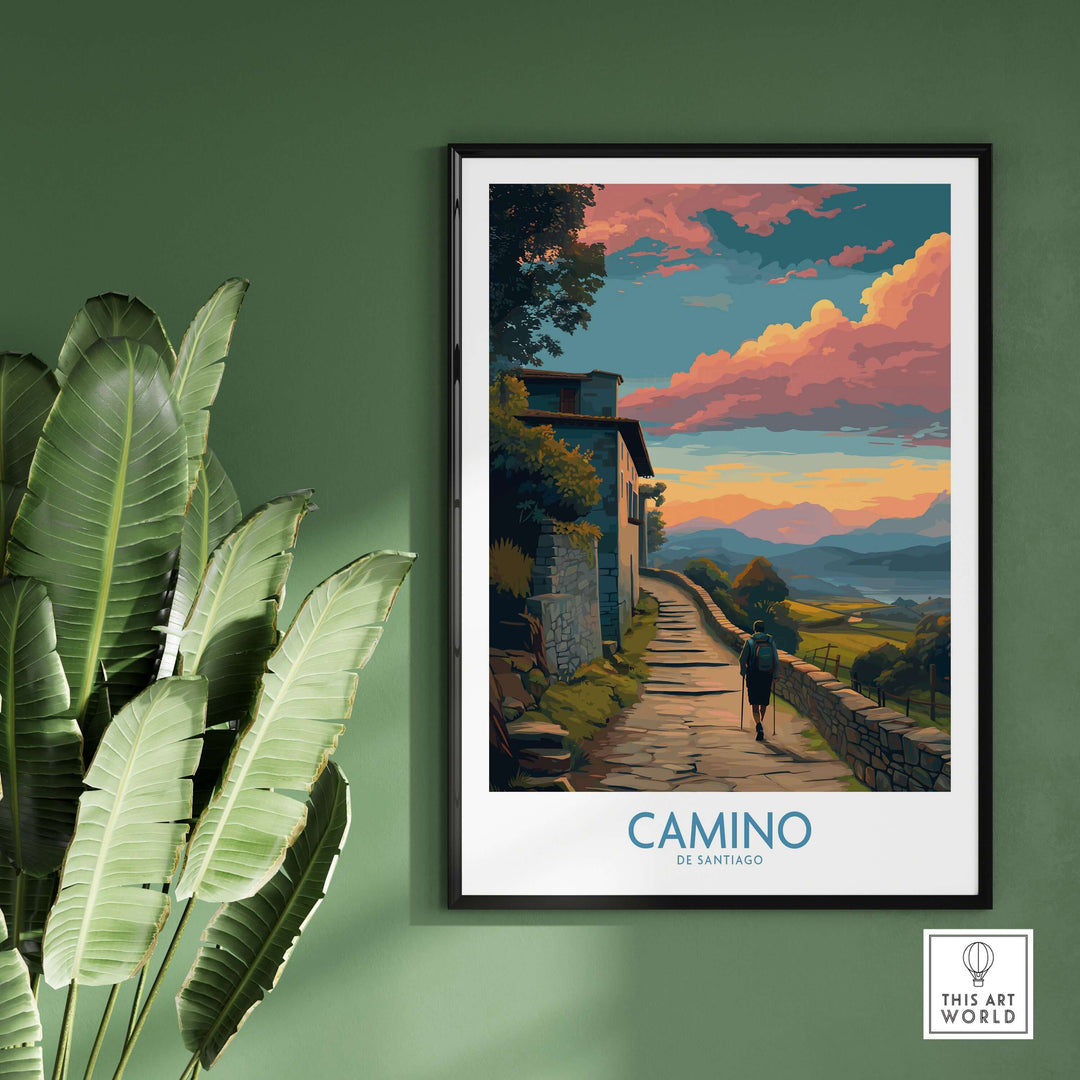 Camino de Santiago Pilgrim's Trail Art Print | Spiritual Travel Poster showcasing a scenic pilgrimage path and vibrant sunset.